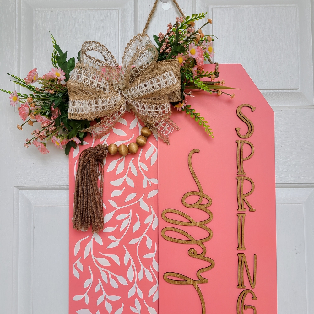 Pink Spring Door Sign with Floral Accents